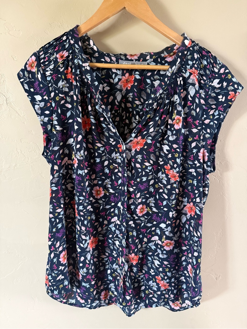 Daniel Rainn Navy Floral Cap-Sleeve Blouse